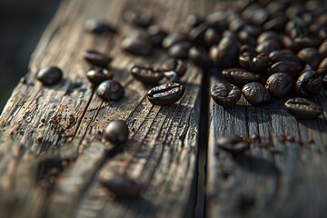 Heap of coffee beans on wooden table