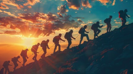 A group of people hiking up a mountain at sunset. Suitable for outdoor and adventure concepts