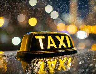 Leuchtendes Taxi Symbol bei Nacht und Regen