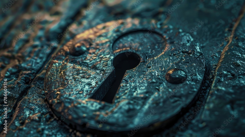 Poster detailed view of a metal door with a keyhole. perfect for security concepts