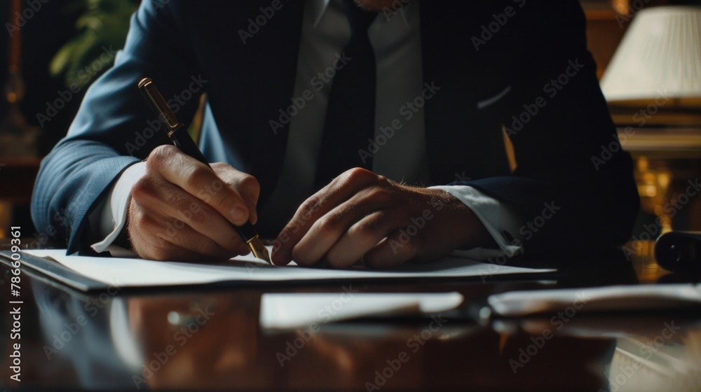 Poster a man in a suit writing on a piece of paper. ideal for business and education concepts