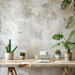 Product mock-up, light wooden table surface, indoor plants