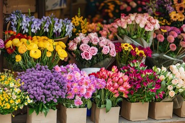 Fototapeta na wymiar Different beautiful flowers bouquets in flower shop