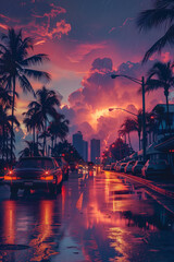 Painted Vice City style picture, retro aesthetic - obrazy, fototapety, plakaty