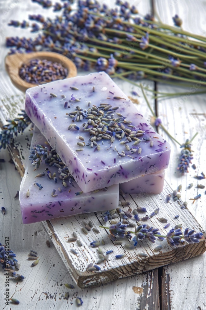 Poster a bunch of soap on a rustic wooden table. suitable for hygiene or spa concept