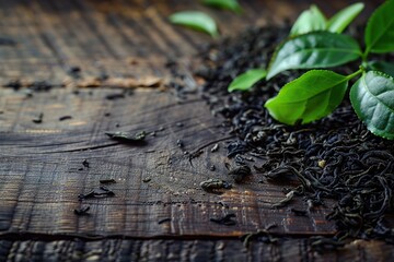 Dry tea leaves and fresh green tea leafs on wooden background - obrazy, fototapety, plakaty