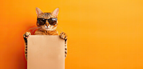 Obraz premium Cute Cat Wearing Sunglasses and Holding a Blank Sign with Space for Copy on an Orange Background