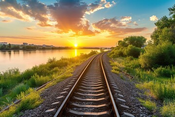 Obraz premium Railroad tracks along the river at sunset