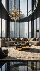 Obraz premium A luxurious modern room with floor to ceiling windows and sophisticated and elegant high end furniture