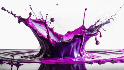 Bright purple paint splashes levitating isolated on white. Drops flying in the air. Abstract shape.