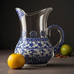 jug and orange, jug on a wooden table, blue line design jug, jug set
