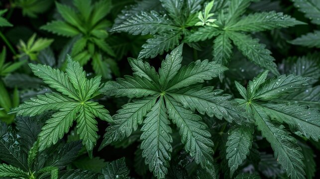 Marijuana Leaves Cannabis Herb Plant Alternative Medicine Concept Banner Dark Background Sunlight Copy Space Close Up