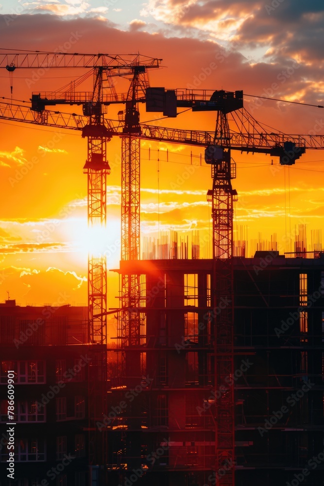 Poster a scenic view of the sun setting over a construction site, perfect for construction and development 