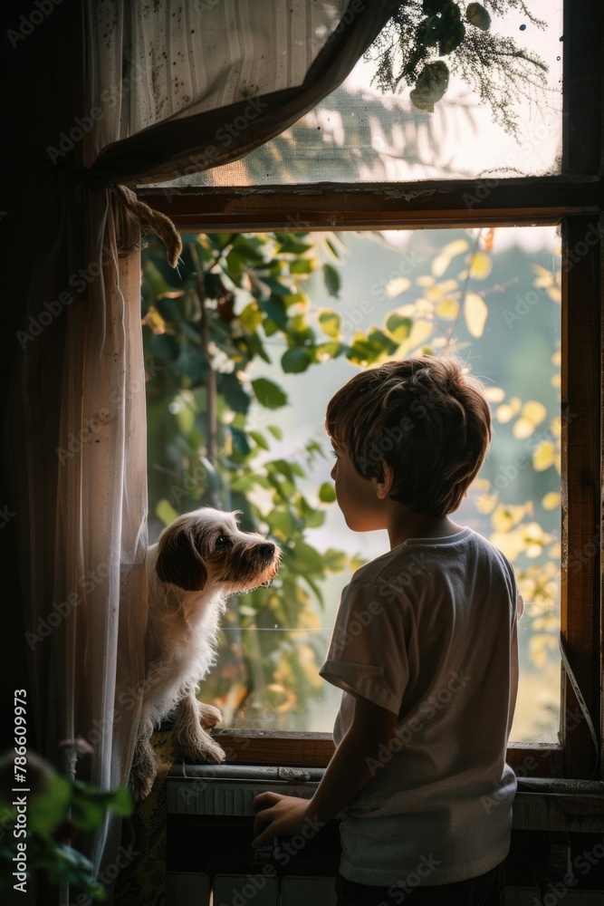 Poster a young boy observing a dog through a window. suitable for various concepts