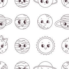 Seamless pattern with outline groovy planet characters in retro style 60s and 70s. Coloring book. Vector illustration in flat style