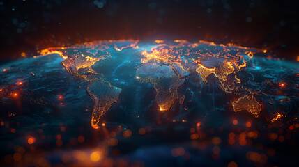 Map of the world, highlighted continents, diamond wire photography