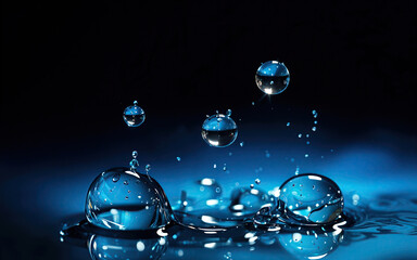 Drops of cold fresh water with shining highlights on a dark blue background in motion