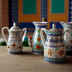 teapot and cups, jug on a wooden table, blue line design jug, jug set
