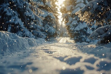 A serene snow covered path in a peaceful forest. Suitable for nature and winter themed projects - obrazy, fototapety, plakaty