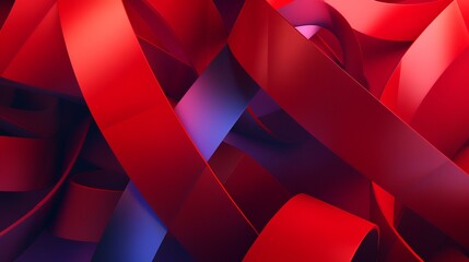 Abstract 3d rendering of chaotic red and blue curved ribbon background.