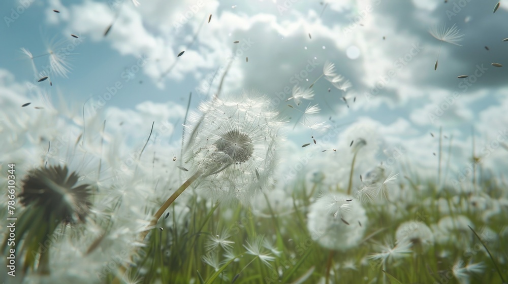 Poster a dandelion blowing in the wind on a sunny day. suitable for various nature-themed projects