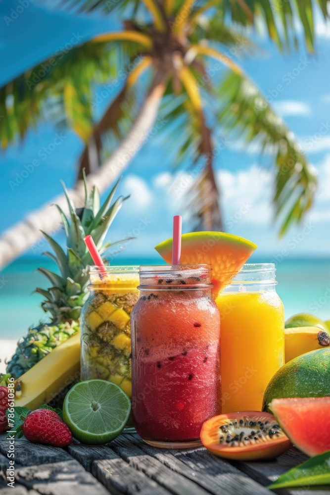 Poster a wooden table covered with various fruits and beverages. ideal for food and drink concepts