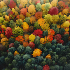 Aerial autumn forest, gradient of colors during autumn, aerial shot