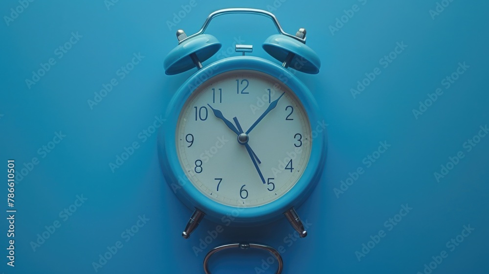 Poster a blue alarm clock against a blue backdrop. ideal for time management concepts