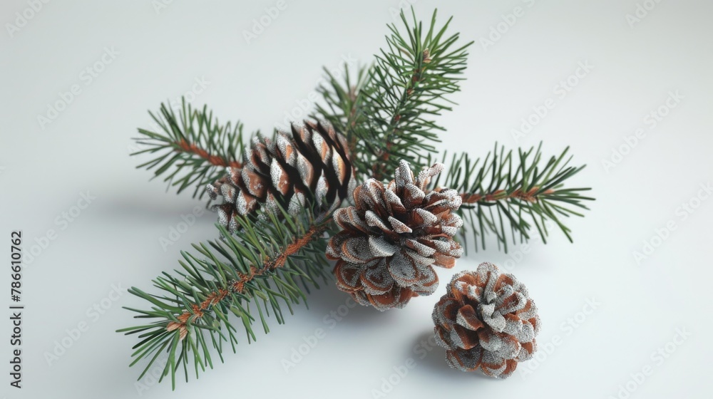 Poster pine cones and a pine tree branch on a white surface. perfect for winter and nature-themed projects