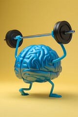 3d brain lifting weights, human brain, brain with arms and legs on the head, strong brain, Gym brain, 3d brain in yellow background,