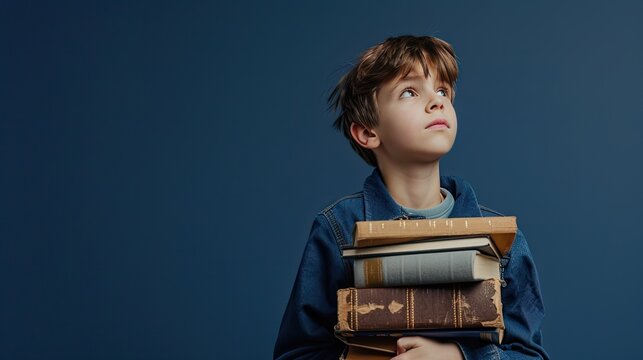 a 4-year-old boy proudly holds a stack of heavy books in his hands against a navy blue background, creating a heartwarming and inspiring image with space for text to convey messages of education.