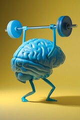 human brain, brain with arms and legs on the head, strong brain, Gym brain, 3d brain in yellow background,