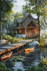 Naklejka premium Tranquil Riverside Haven: Cottage Retreat with Kayaks