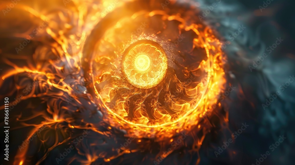 Poster A spiral of fire with a circular object in the middle. Ideal for science fiction or abstract concepts