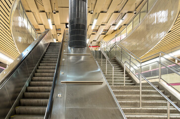 Fototapeta premium Escalator and staircase in York Mills subway station, Toronto, Canada