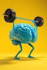 brain with arms and legs on the head, strong brain, Gym brain, 3d brain in yellow background,