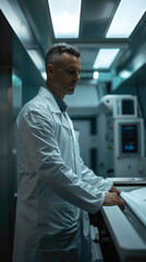 A Radiologic Technologist Administering contrast agents and medications as needed for imaging studies, realistic people photography