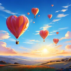 Fototapeta premium Heart-shaped gas balloons floating against a clear blue sky