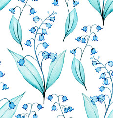 watercolor seamless pattern with transparent lily of the valley flowers. print with spring flowers, x-ray