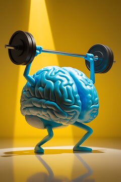 brain with arms and legs on the head, strong brain, Gym brain, 3d brain in yellow background,