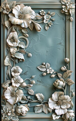 Floral Rectangular Frame with Pale Teal and Light Gray Colors