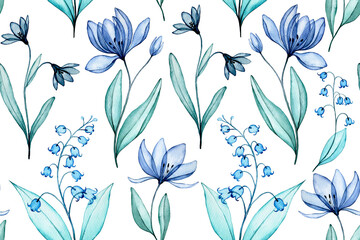 seamless pattern of transparent flowers, watercolor drawing. blue wildflowers, lilies of the valley, x-ray