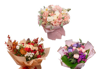 Autumn bouquet of red and white roses, hydrangeas, chrysanthemums.
