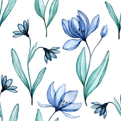 seamless pattern of transparent flowers, watercolor drawing. blue wildflowers, x-ray