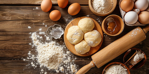 Fototapeta na wymiar Ingredients for Baking, Flour, Dough, Eggs, Rolling Pin, Cookie Cutters