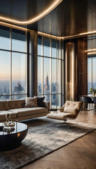 A luxurious modern room with floor to ceiling windows and sophisticated and elegant high end furniture - obrazy, fototapety, plakaty