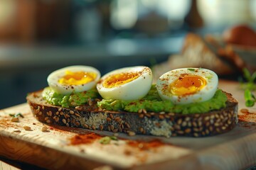 Toast rye bread with avocado puree and hard boiled eggs on wooden table