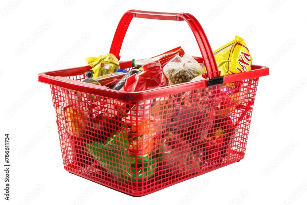 Poster a red shopping basket filled with various items. ideal for retail or grocery concepts