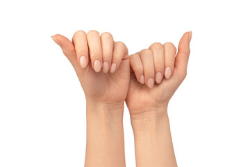 Obraz premium Woman hands isolated on a white background. Nude nail polish.