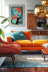"Stylish Urban Living Room: Mid-Century Modern Furniture, Colorful Accents